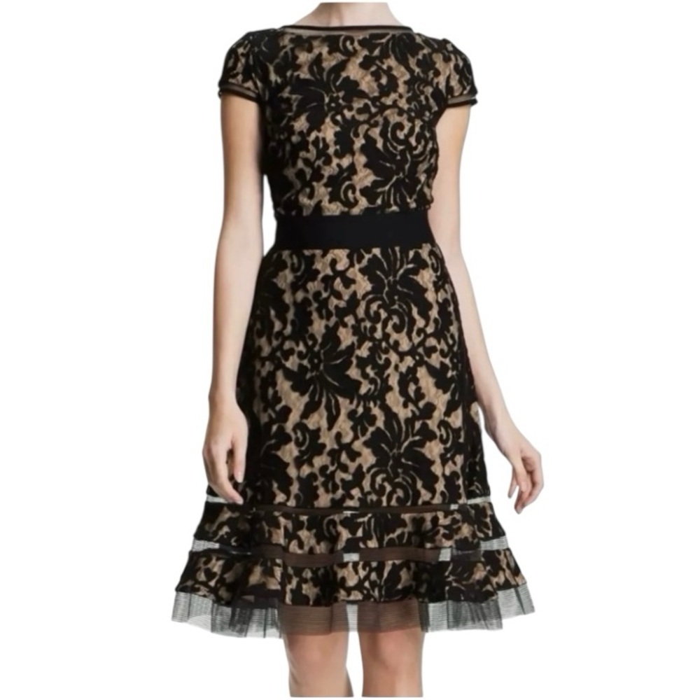 Tadashi Shoji Black Floral Lace Overlay Belted Cocktail A-Line Party Dress Sz 6